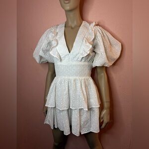 Forever 21 White Eyelet Puff Sleeve Smocked Mini Dress NWT